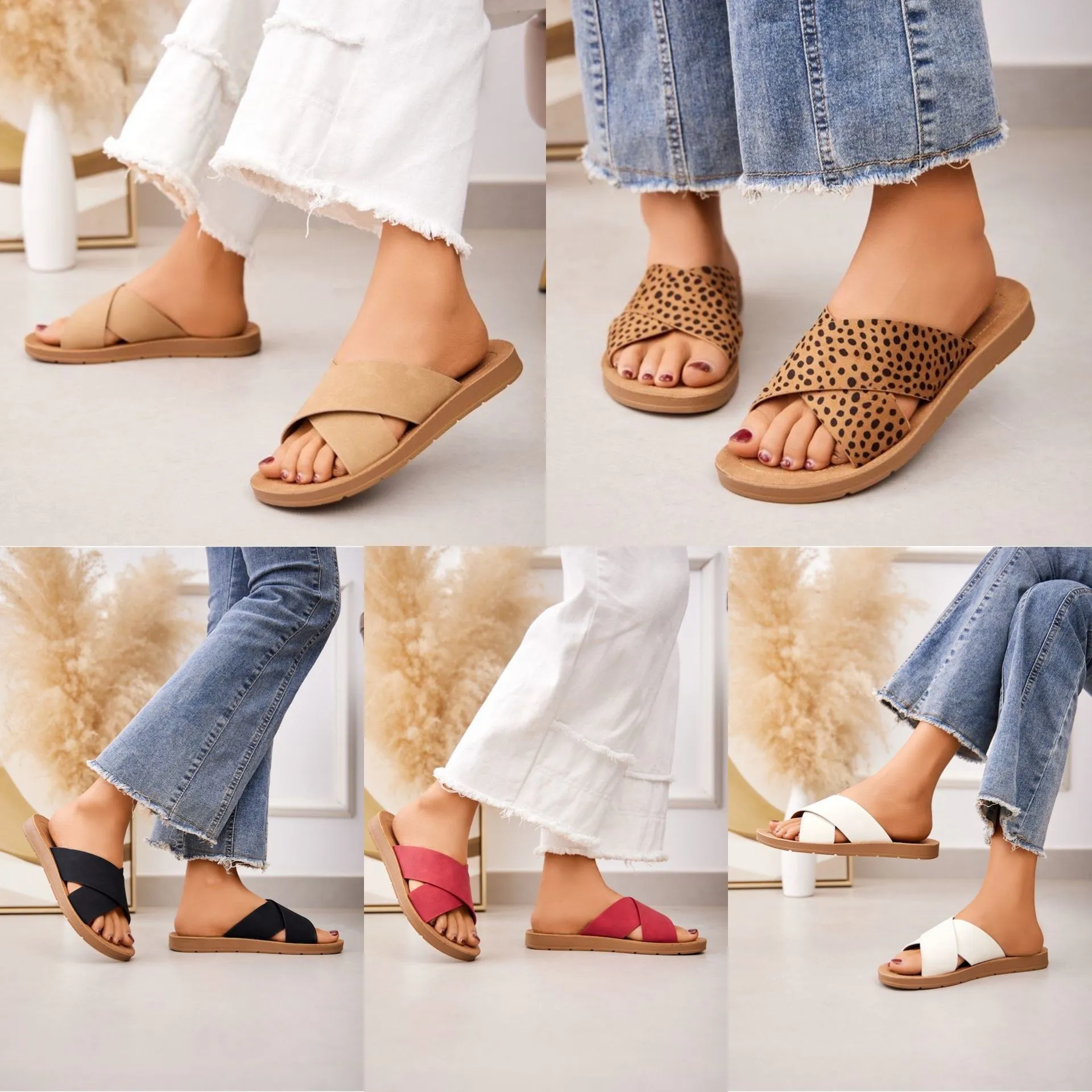 SLIP ON SANDALS CRISSCROSS BAND STRAP FLIP FLOP SLIDERS IN TAUPE