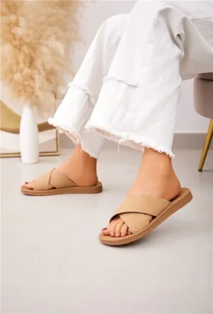 SLIP ON SANDALS CRISSCROSS BAND STRAP FLIP FLOP SLIDERS IN TAUPE