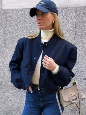 SLTNX TRAF Woman Bomber Jackets for Women 2023 Chic Coats Female Casual Single-breasted with Pockets Jacket New Outerwear Tops