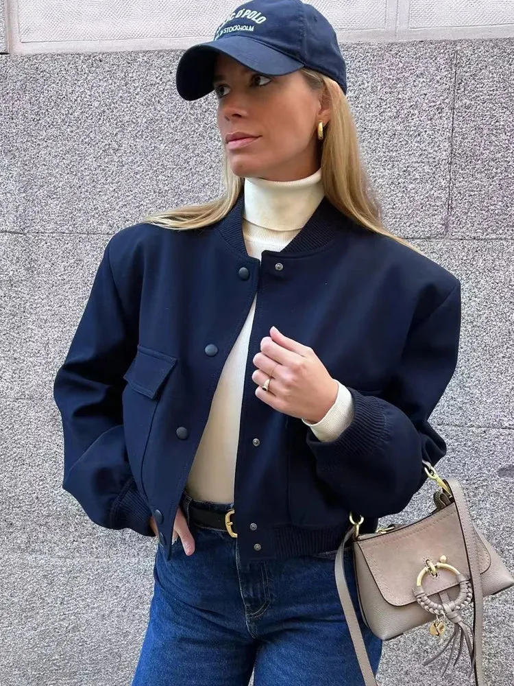 SLTNX TRAF Woman Bomber Jackets for Women 2023 Chic Coats Female Casual Single-breasted with Pockets Jacket New Outerwear Tops