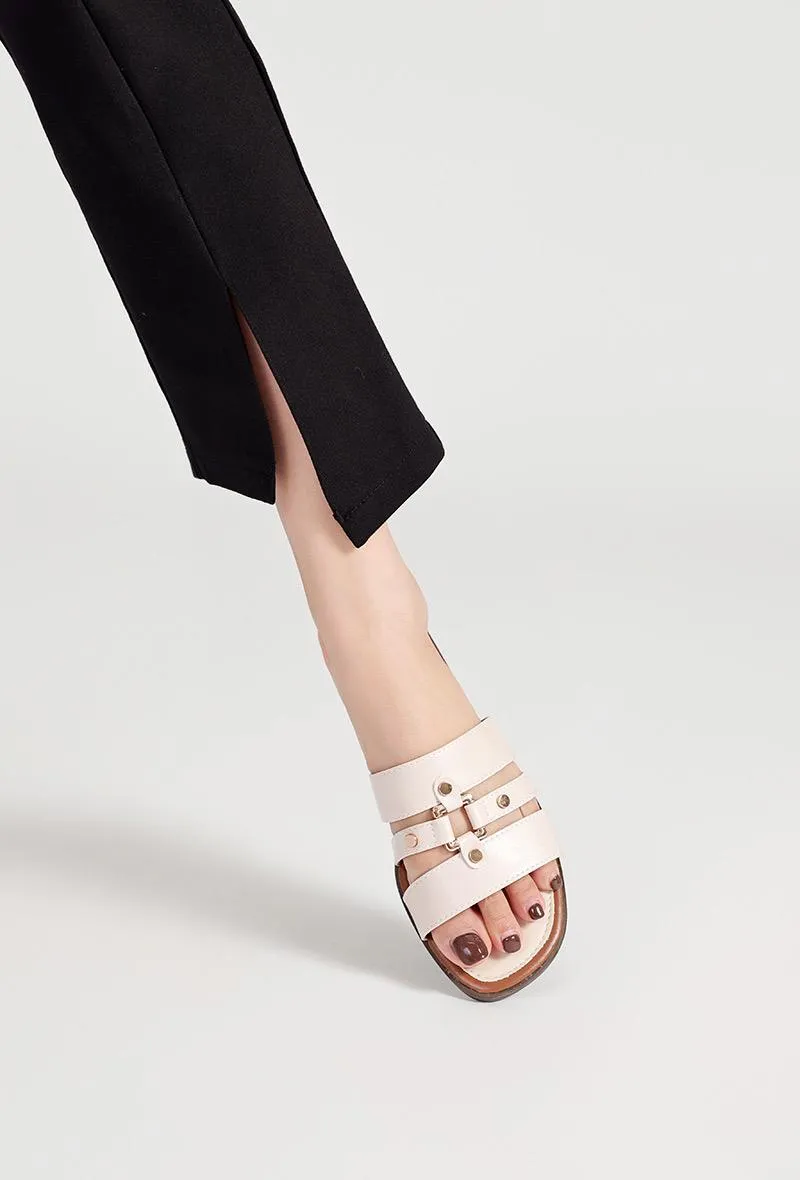 STUDDED CAGED SANDALS FAUX LEATHER FLAT SANDALS IN BEIGE