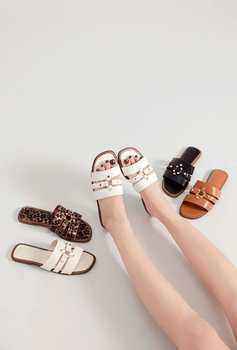 STUDDED CAGED SANDALS FAUX LEATHER FLAT SANDALS IN BEIGE