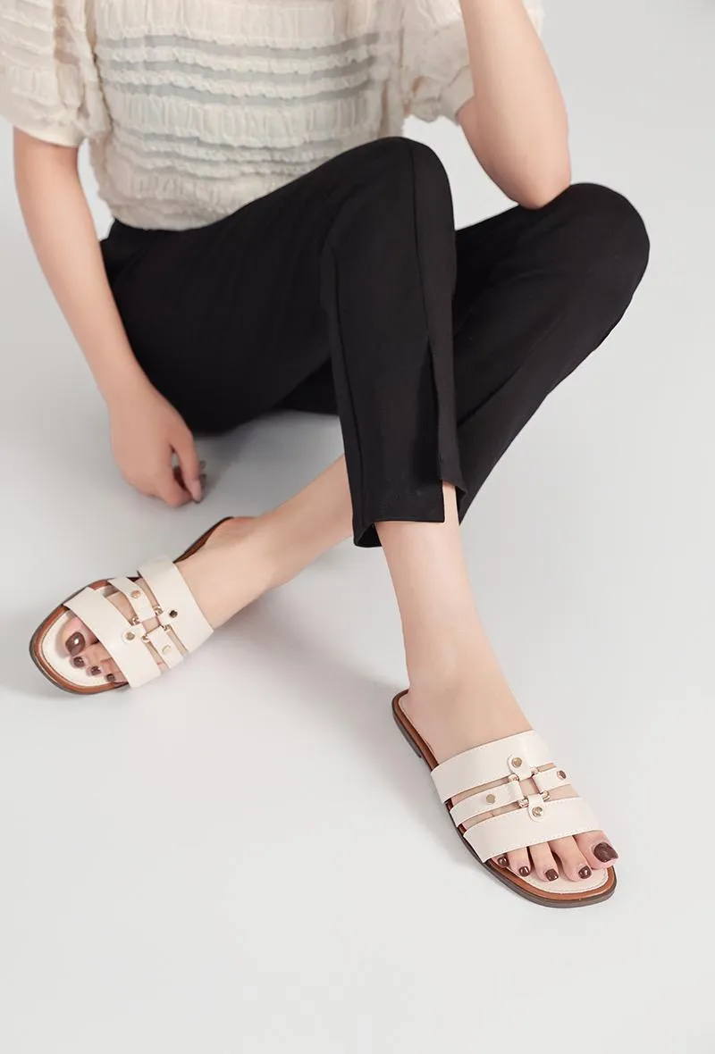 STUDDED CAGED SANDALS FAUX LEATHER FLAT SANDALS IN BEIGE