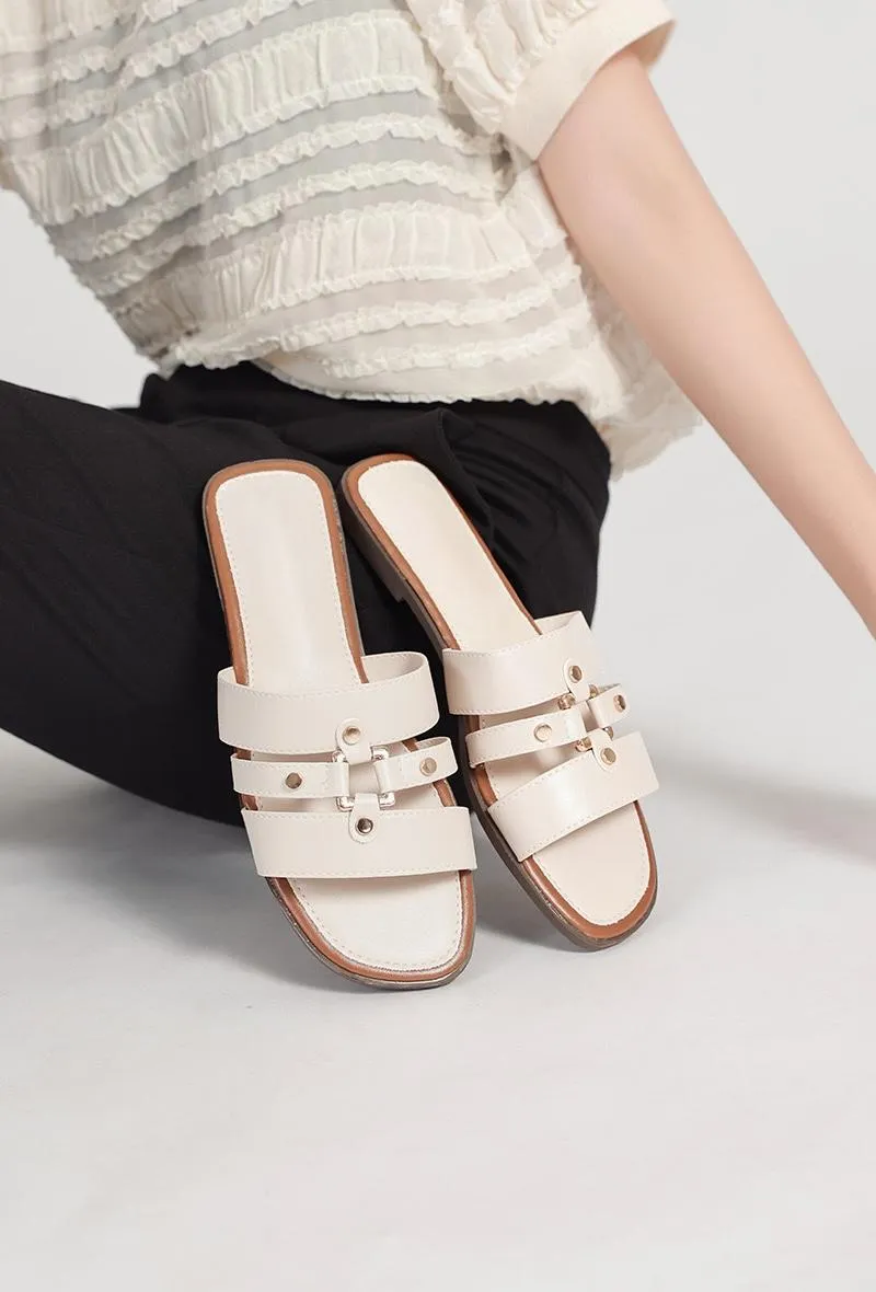 STUDDED CAGED SANDALS FAUX LEATHER FLAT SANDALS IN BEIGE