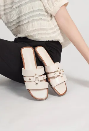 STUDDED CAGED SANDALS FAUX LEATHER FLAT SANDALS IN BEIGE