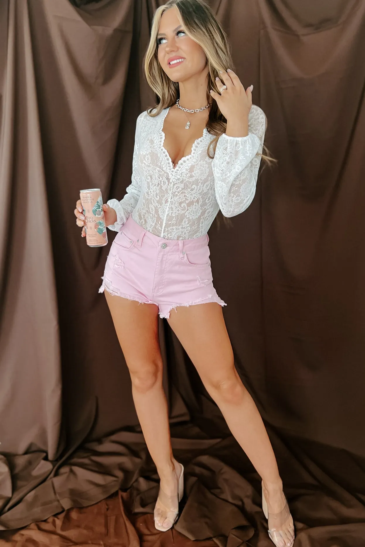Sweet Like Summer High Rise Distressed Denim Shorts (Pink)