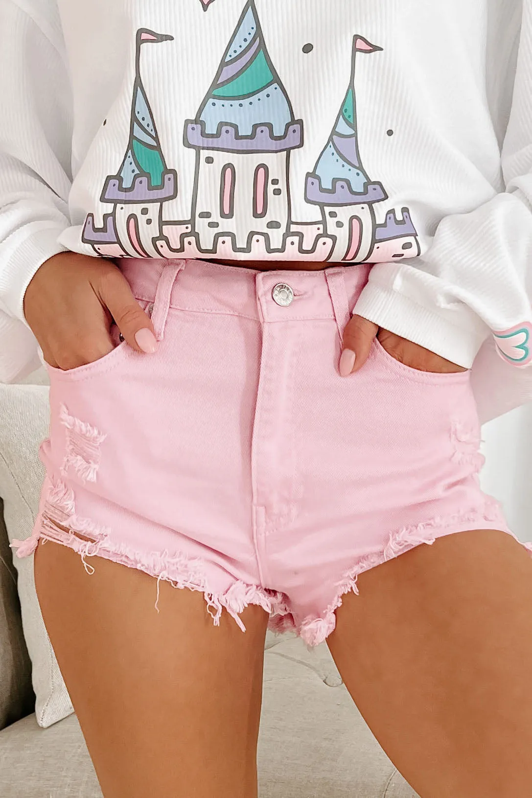 Sweet Like Summer High Rise Distressed Denim Shorts (Pink)