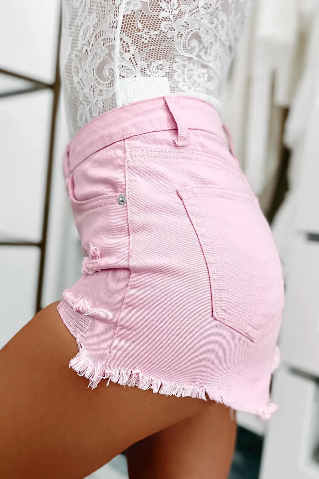 Sweet Like Summer High Rise Distressed Denim Shorts (Pink)