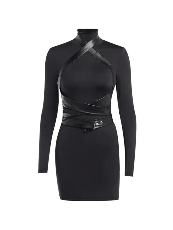 Wenkouban-Christmas Thanksgiving Gift New Year's Eve Dress Leather Splice Long Sleeve Bodycon Mini Dress