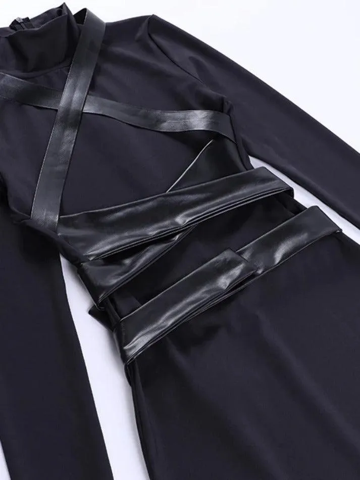 Wenkouban-Christmas Thanksgiving Gift New Year's Eve Dress Leather Splice Long Sleeve Bodycon Mini Dress