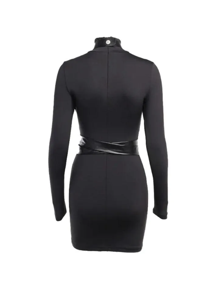 Wenkouban-Christmas Thanksgiving Gift New Year's Eve Dress Leather Splice Long Sleeve Bodycon Mini Dress
