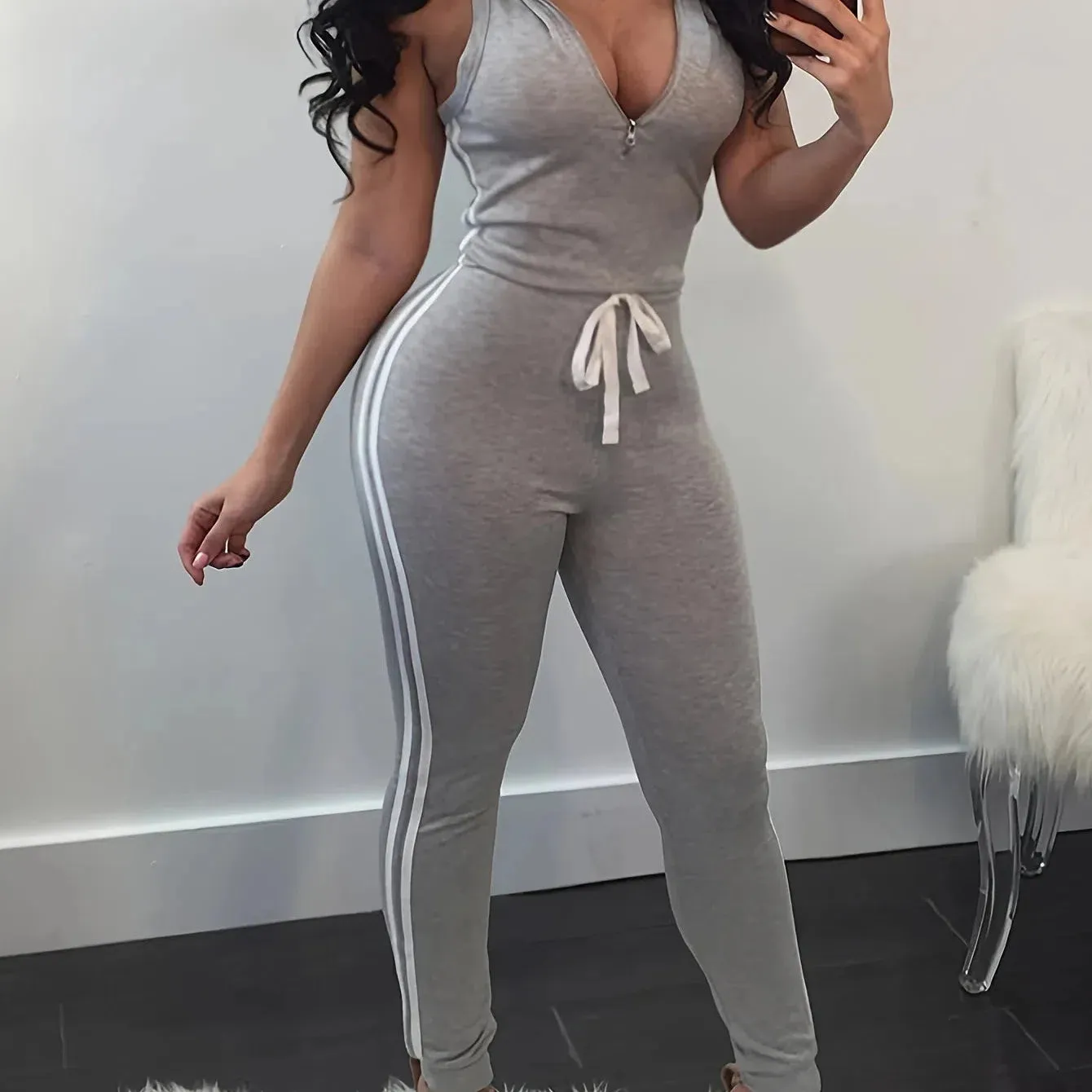 Women Deep V-neck Skinny Striped Jumpsuits Zipper Rompers