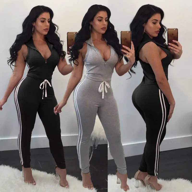 Women Deep V-neck Skinny Striped Jumpsuits Zipper Rompers