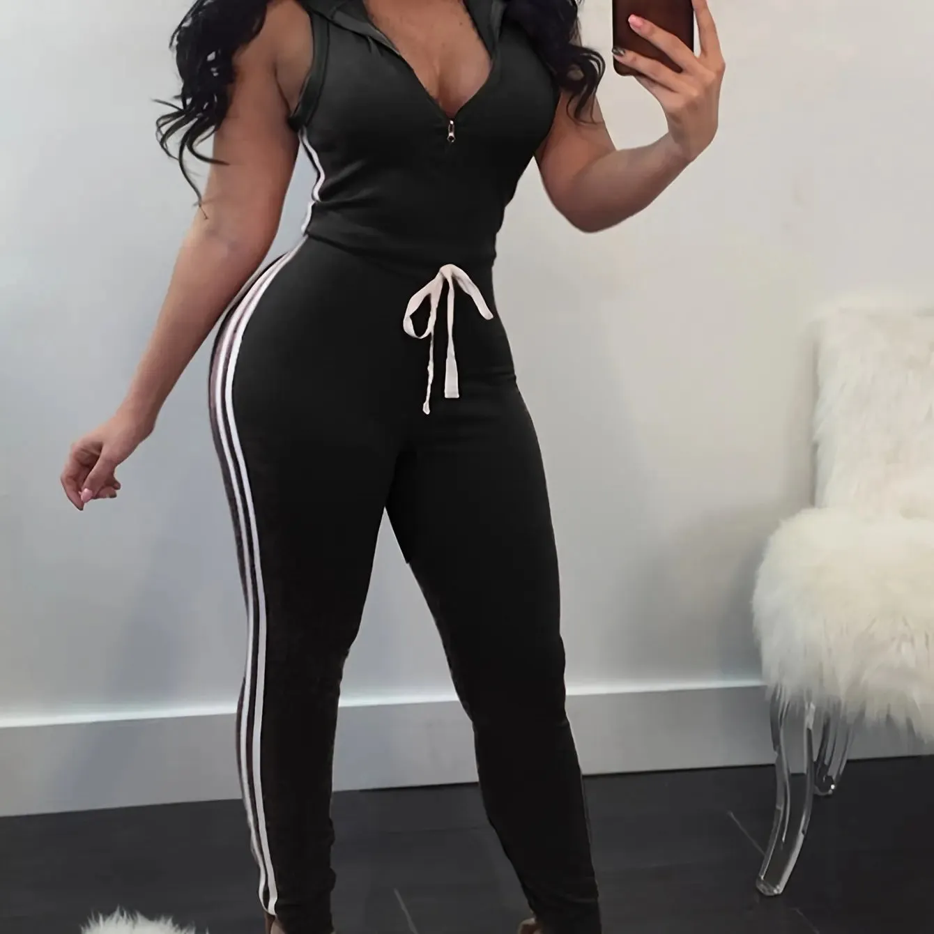 Women Deep V-neck Skinny Striped Jumpsuits Zipper Rompers