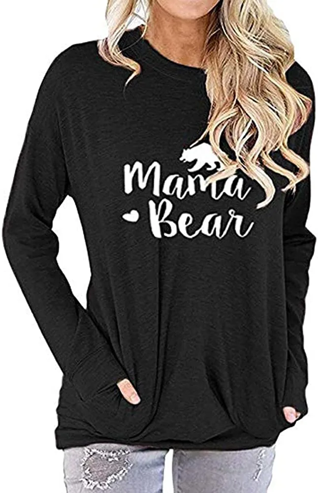 Women Mama Bear T-Shirt Blouse with Pockets