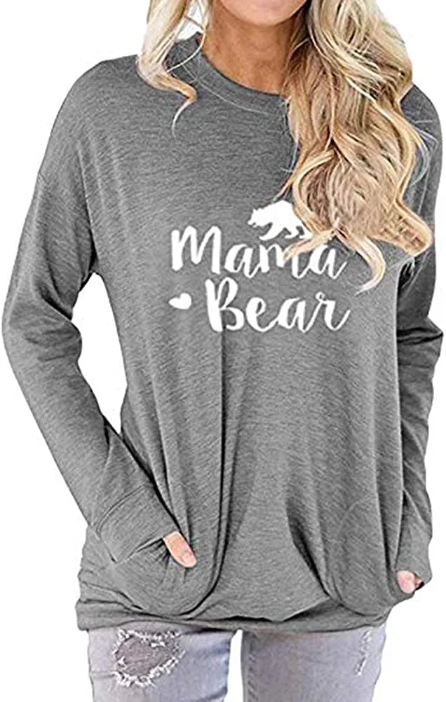Women Mama Bear T-Shirt Blouse with Pockets