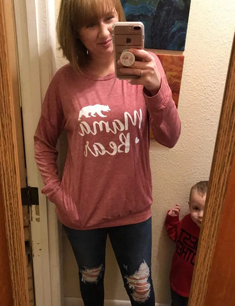 Women Mama Bear T-Shirt Blouse with Pockets