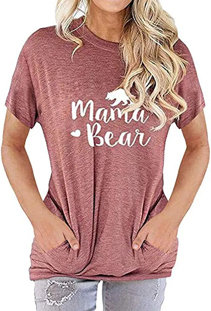 Women Mama Bear T-Shirt Blouse with Pockets