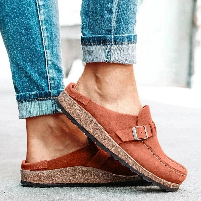 Women PU Slippers Solid Buckle Flats Shoes Slip-On Sandals