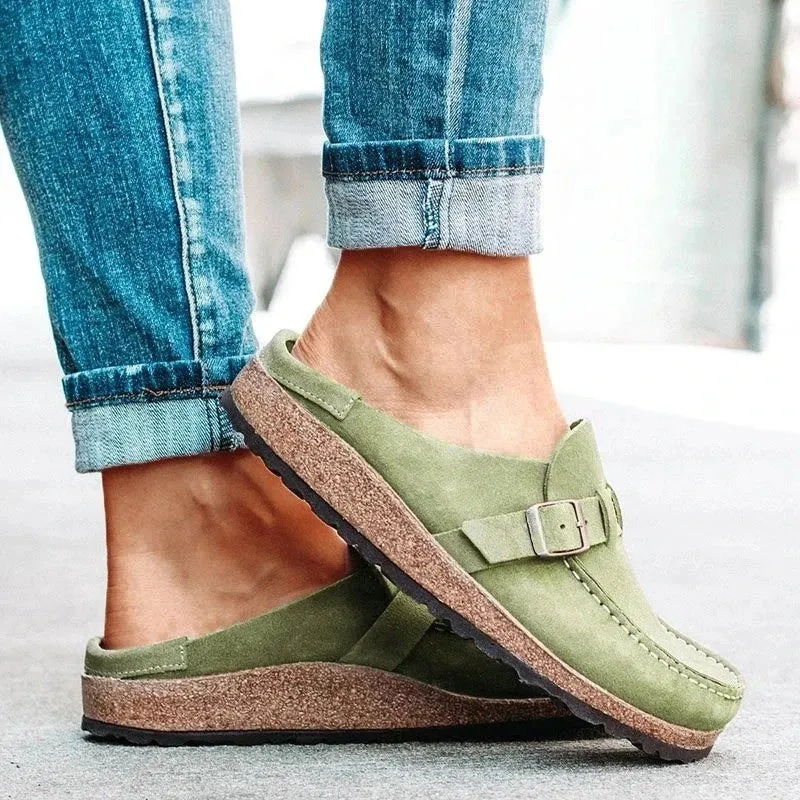 Women PU Slippers Solid Buckle Flats Shoes Slip-On Sandals