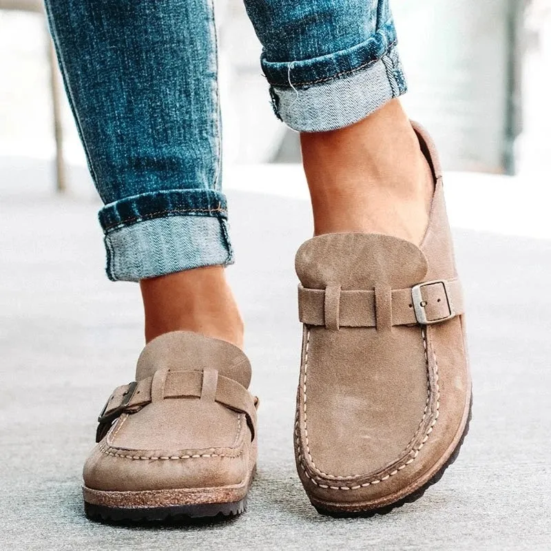 Women PU Slippers Solid Buckle Flats Shoes Slip-On Sandals