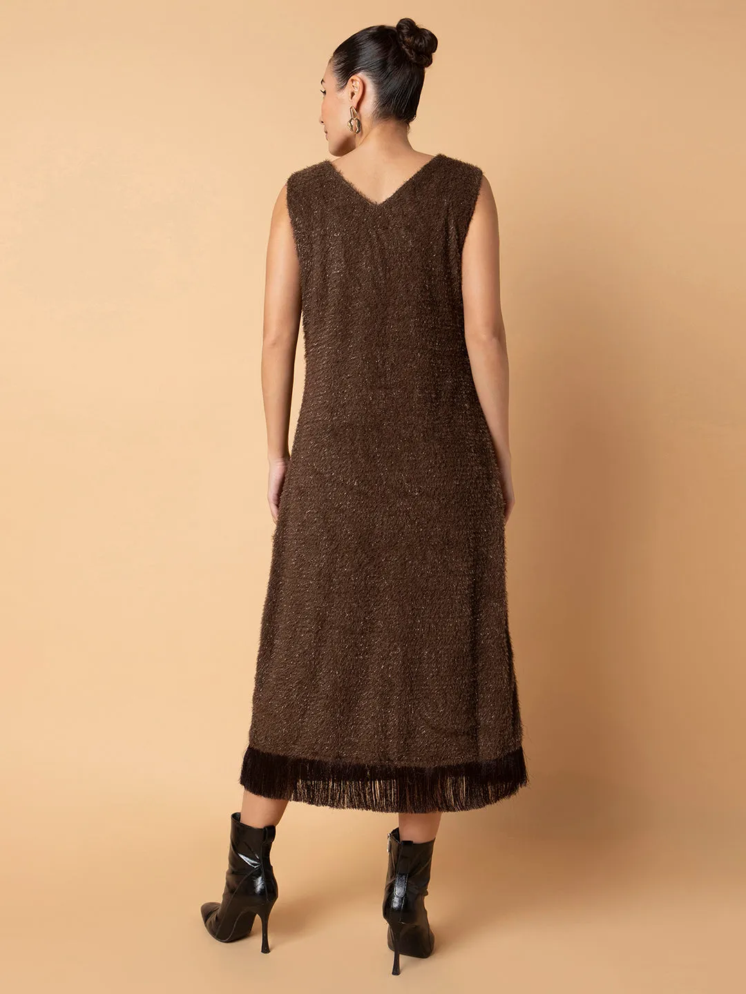 Women Solid Brown Maxi A-Line Dress